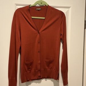Loro Piana Terracotta Cardigan Sweater with navy trim